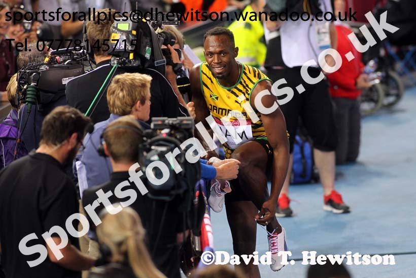 Usain Bold (Jamaica) after running in the 4 x 100 metres heats at the Commonwealth Games, Glasgow. Photo: David T. Hewitson/Sports for All Pics